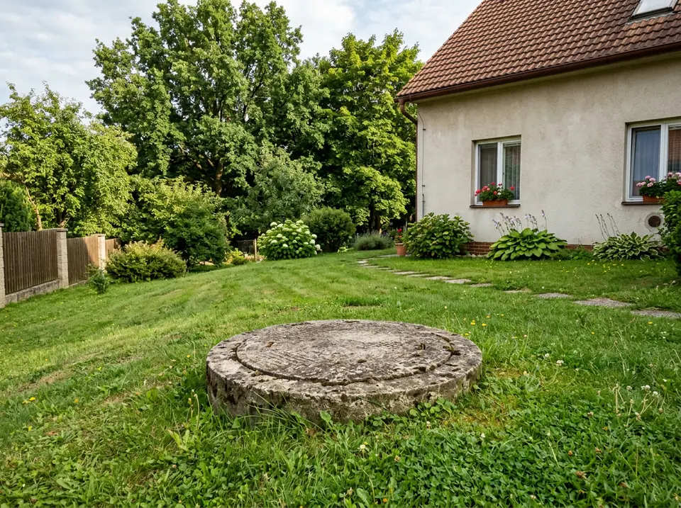Családi ház kertjében kerek betonfedelű tisztítóakna lejtős gyepen, fákkal a háttérben