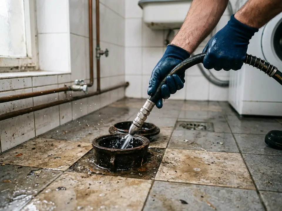 Kesztyűs kéz nagynyomású mosótömlő fúvókáját vezeti egy nyitott tisztítónyílásba csempés helyiségben